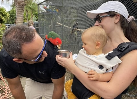 Picture of two parents and a young child feeding a parrot with the parrot sitting on the father's shoulder