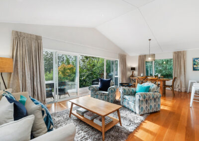 Birdsong Retreat at Treghan. Living and dining, kitchen to the right