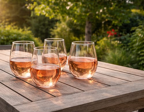 Glasses of chilled rosé on a wooden garden table at Treghan Lodge in soft afternoon light