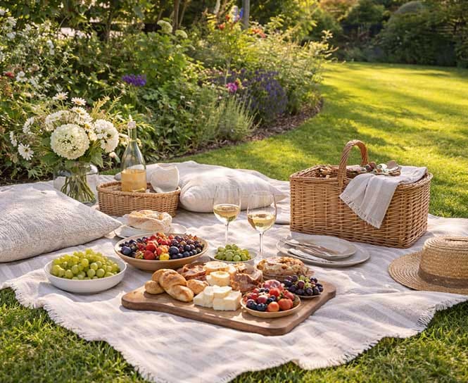 Garden picnic and gourmet welcome platter at Treghan Luxury Lodge, Kerikeri, Bay of Islands