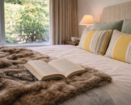 Luxury guesthouse bedroom at Treghan – winter escape accommodation