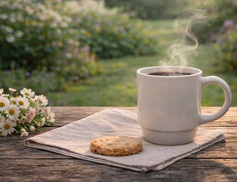 Morning coffee on a wooden table in the gardens at Treghan Lodge, a quiet stay in Kerikeri, Bay of Islands
