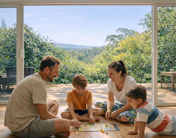 Family playing board games inside a private guesthouse at Treghan Lodge