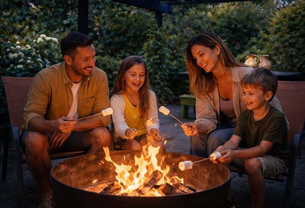 Family roasting marshmallows around the firepit at Treghan Lodge