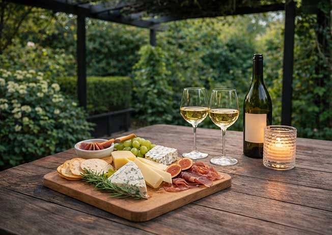 Charcuterie platter with wine on a private garden table at Treghan Lodge, Kerikeri Bay of Islands Charcuterie platter with wine on a private garden table at Treghan Lodge, Kerikeri Bay of Islands