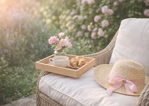 Quiet garden setting with a wicker chair and sunhat at Treghan Lodge, a private escape in Kerikeri, Bay of Islands