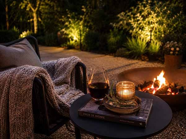 Cozy evening setting at Treghan Lodge in Kerikeri, Bay of Islands, featuring a firepit, candlelight, wine and garden seating for a relaxed luxury stay.