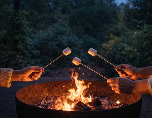Evening firepit with marshmallows in a private garden setting at Treghan Lodge