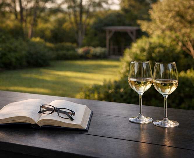 Wine and a book on a private deck at Treghan Lodge, a quiet luxury guesthouse stay in Kerikeri, Bay of Islands Wine and a book on a private deck at Treghan Lodge, a quiet luxury guesthouse stay in Kerikeri, Bay of Islands