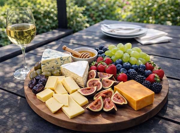 Local cheese platter and Northland wine under the pergola at Treghan Lodge, Bay of Islands
