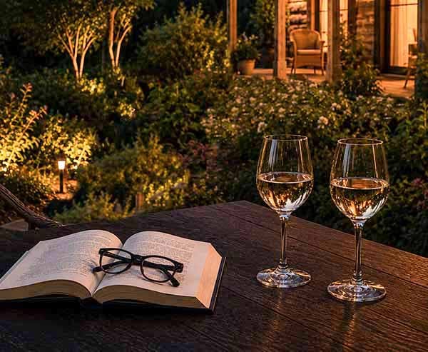 Evening wine, book and guesthouse glow beside illuminated garden paths - private winter atmosphere at Treghan Lodge in Kerikeri, Bay of Islands.