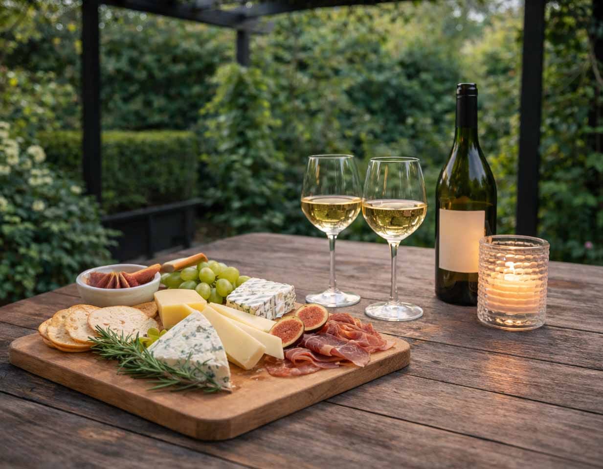 Gourmet welcome platter with local treats and wine enjoyed privately on the deck at Treghan Lodge, Bay of Islands