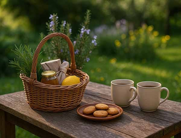 Seasonal foraging basket with Northland honey, herbs and handmade touches for a slower stay at Treghan Lodge, Kerikeri.