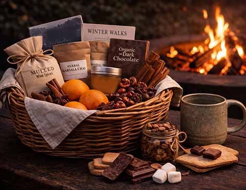 Winter Ritual Basket with artisan treats, organic chai, local honey, and cosy seasonal touches at Treghan Lodge