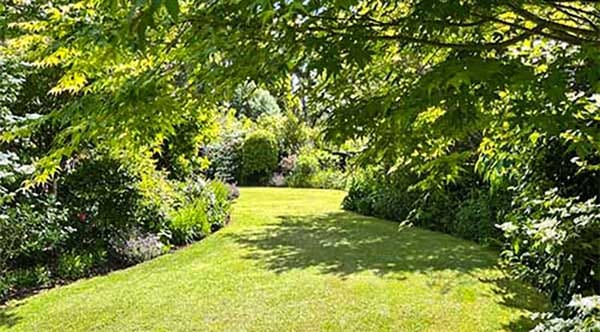 English-style gardens at Treghan Lodge featuring mature plantings, pathways and peaceful outdoor spaces for guests to enjoy.