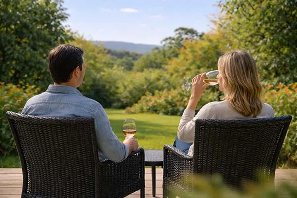 Couple relaxing with a glass of wine overlooking the gardens at Treghan Lodge in Kerikeri, Bay of Islands Couple relaxing with a glass of wine overlooking the gardens at Treghan Lodge in Kerikeri, Bay of Islands