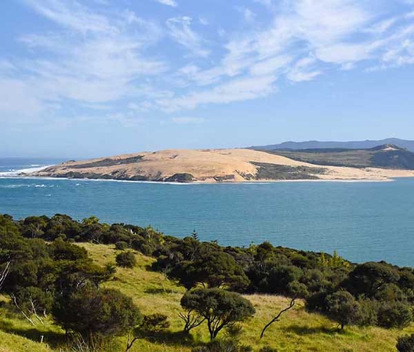 The towering white sand dunes of Hokianga Harbour near Opononi, Northland, New Zealand