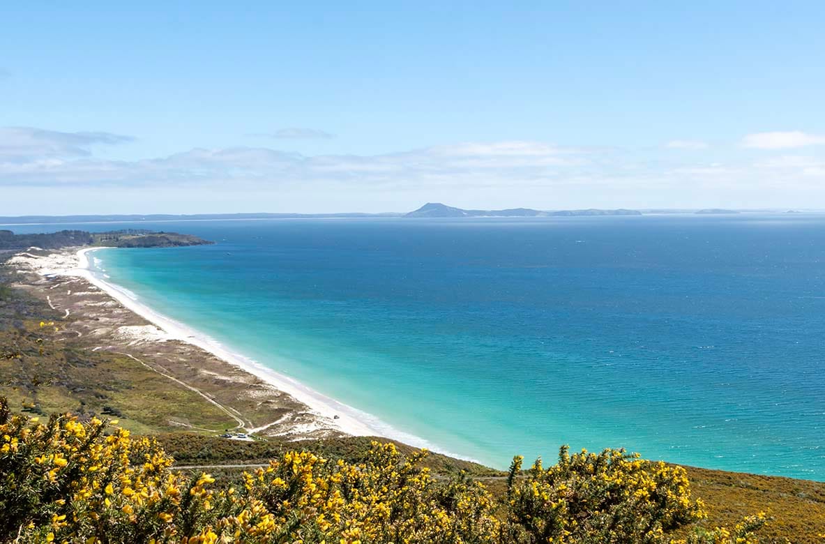 Couple relaxing with wine in the gardens at Treghan Lodge during a Bay of Islands escape Panoramic view of the Karikari Peninsula coastline with white sand beaches, turquoise waters and native coastal vegetation, Northland, New Zealand.