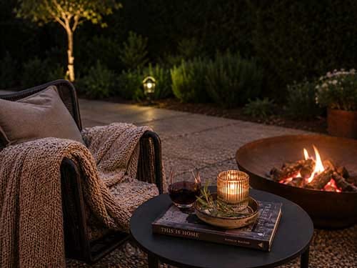 Cozy winter evening by the fire pit at Treghan Lodge, with wine, candlelight and peaceful gardens in Kerikeri, Bay of Islands.