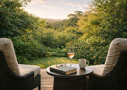 Relax on your private deck overlooking peaceful gardens at Treghan Lodge, luxury accommodation in Kerikeri, Bay of Islands.