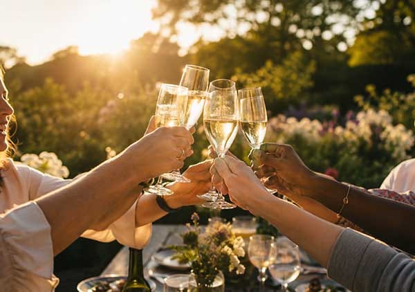Friends and family raising a glass together during a special celebration in a garden setting at Treghan Lodge, Bay of Islands Friends and family raising a glass together during a special celebration in a garden setting at Treghan Lodge, Bay of Islands