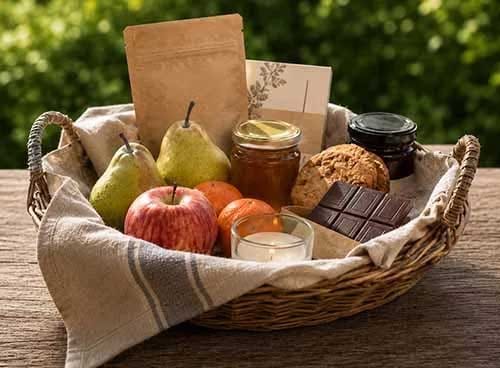 Local foraging basket with seasonal fruit, preserves and treats at Treghan Lodge