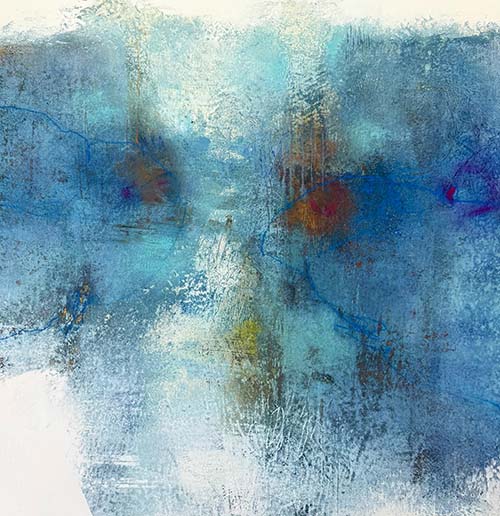 Atmospheric abstract painting by Catherine Dunn featuring luminous blues, turquoise, white and warm earthy tones, part of her Winter Haiku series. Atmospheric abstract painting by Catherine Dunn featuring luminous blues, turquoise, white and warm earthy tones, part of her Winter Haiku series.